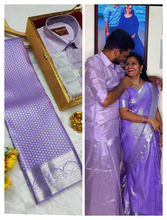 Semi Silk Couple Combo Set Saree With Vesti Shirt