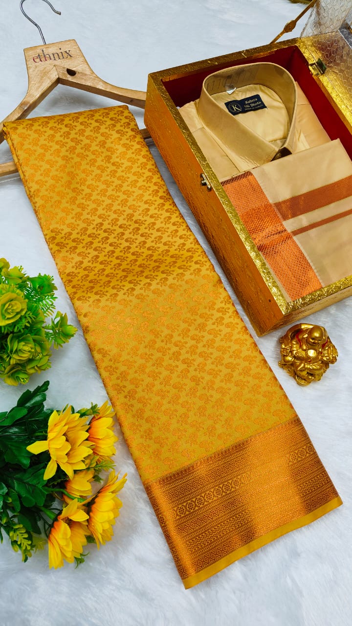 Semi Silk Couple Combo Set Saree With Vesti Shirt