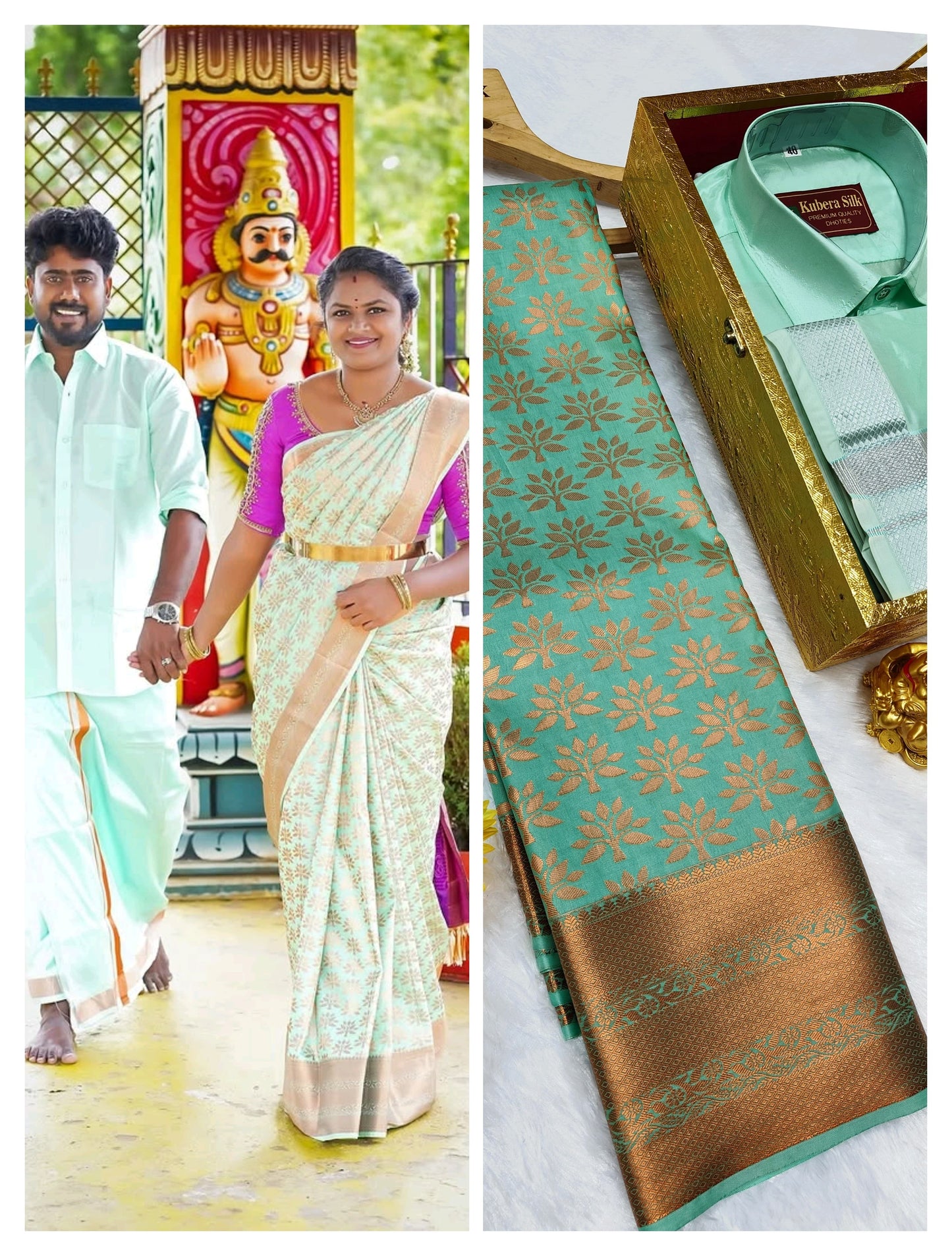 Semi Silk Couple Combo Set Saree With Vesti Shirt