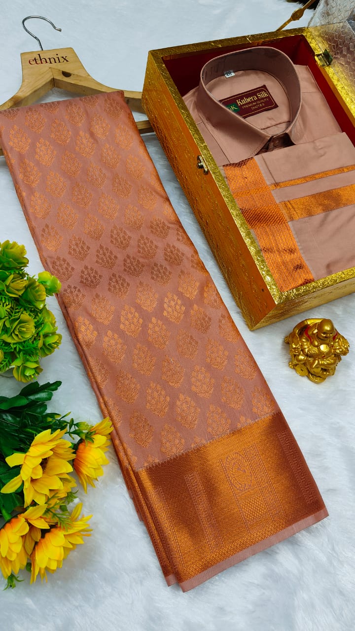 Semi Silk Couple Combo Set Saree With Vesti Shirt