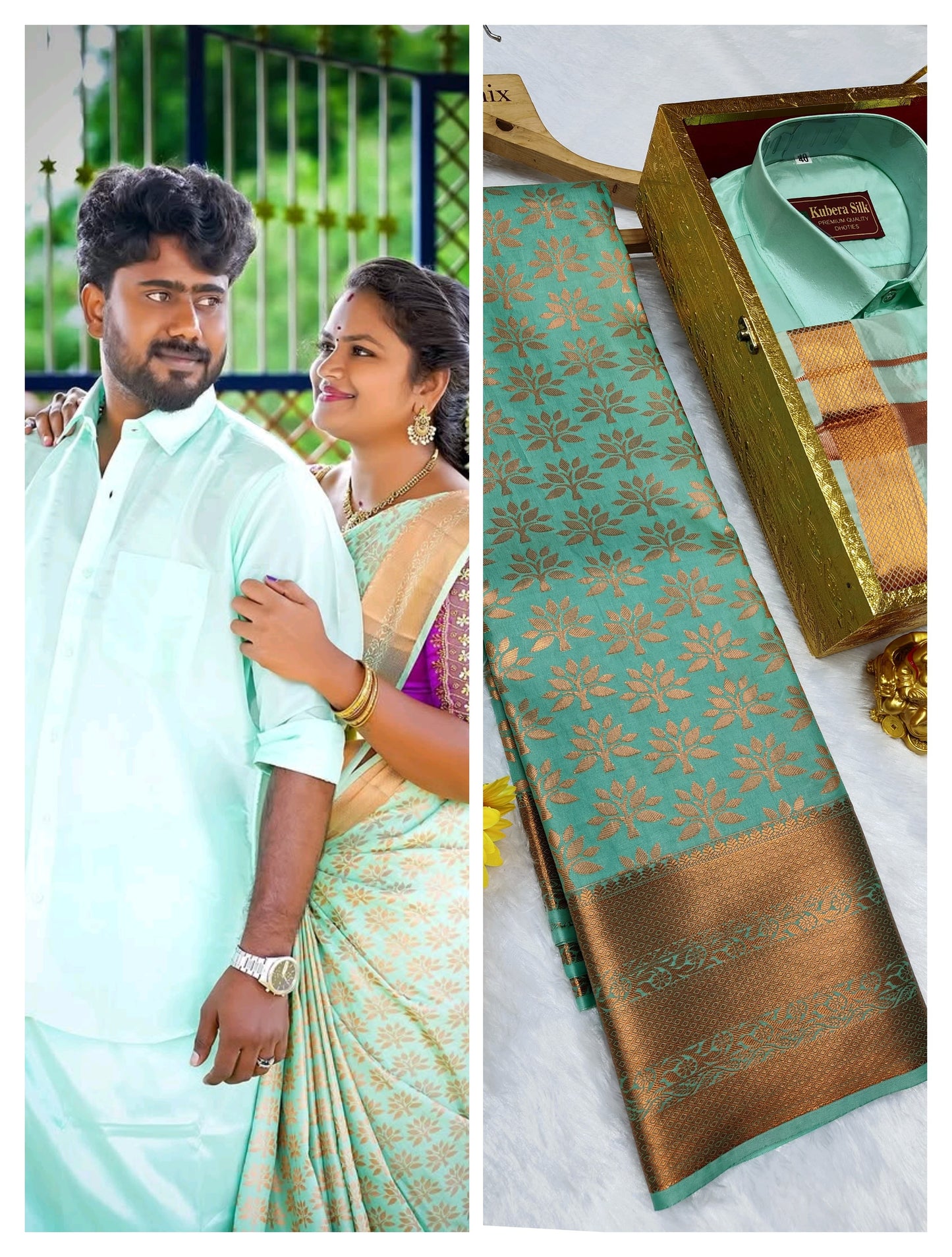 Semi Silk Couple Combo Set Saree With Vesti Shirt