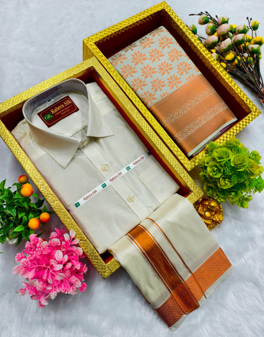 Semi Silk Saree & Semi Silk Dhoti Set - Couple Combo