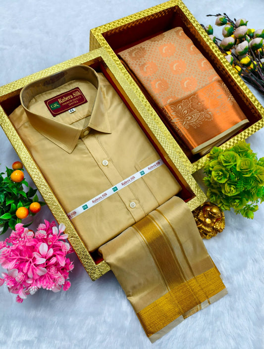 Semi Silk Saree & Semi Silk Dhoti Set - Couple Combo