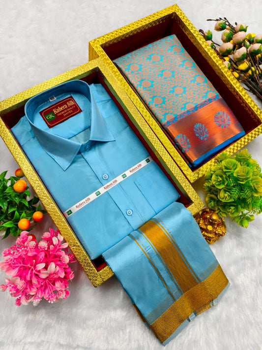 Semi Silk Saree & Semi Silk Dhoti Set - Couple Combo