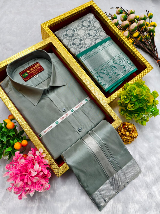 Semi Silk Saree & Semi Silk Dhoti Set - Couple Combo