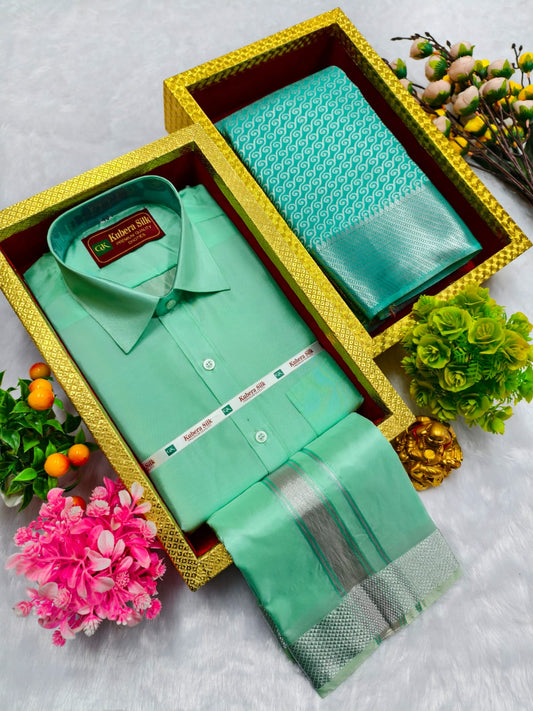 Semi Silk Saree & Semi Silk Dhoti Set - Couple Combo