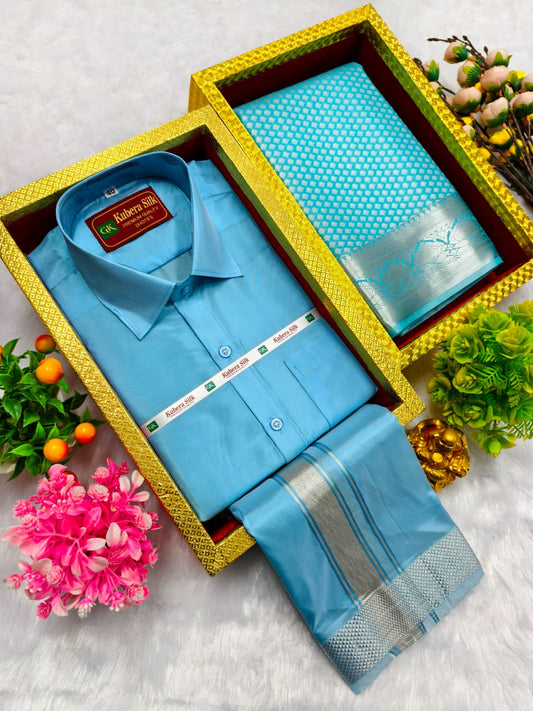 Semi Silk Saree & Semi Silk Dhoti Set - Couple Combo