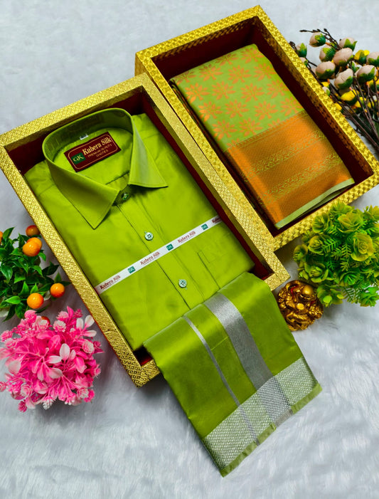 Semi Silk Saree & Semi Silk Dhoti Set - Couple Combo