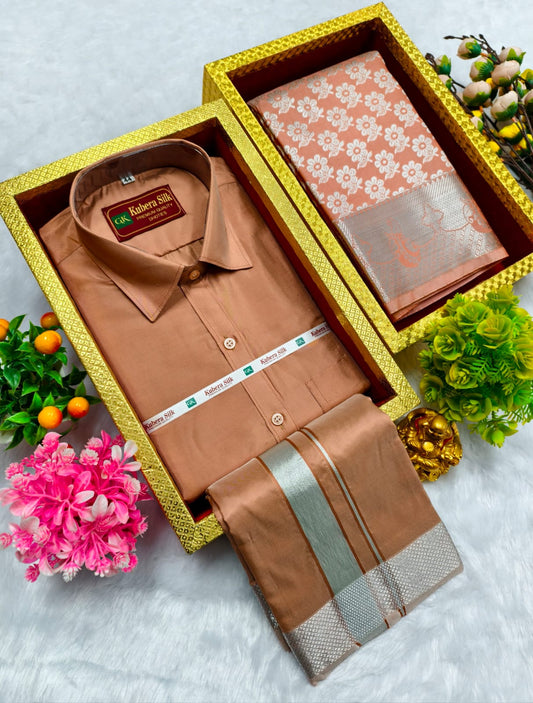 Semi Silk Saree & Semi Silk Dhoti Set - Couple Combo
