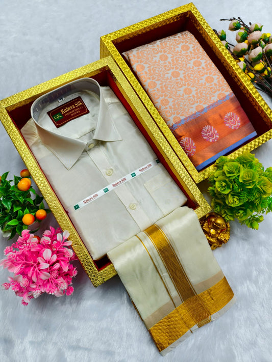Semi Silk Saree & Semi Silk Dhoti Set - Couple Combo