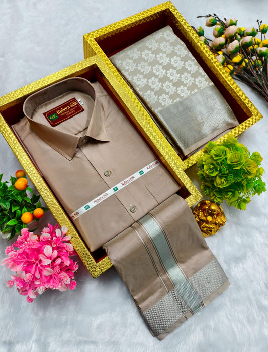 Semi Silk Saree & Semi Silk Dhoti Set - Couple Combo