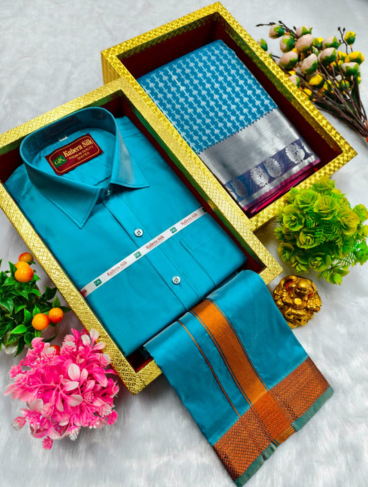 Semi Silk Saree & Semi Silk Dhoti Set - Couple Combo