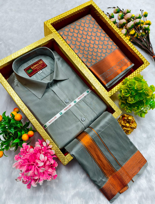Semi Silk Saree & Semi Silk Dhoti Set - Couple Combo