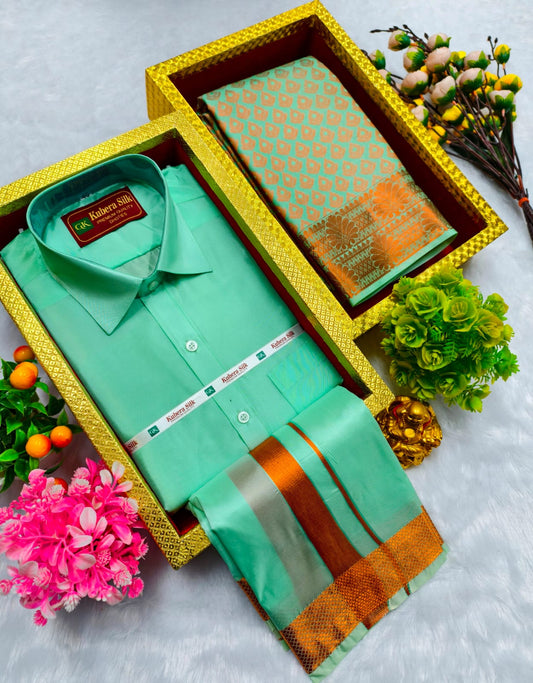 Semi Silk Saree & Semi Silk Dhoti Set - Couple Combo