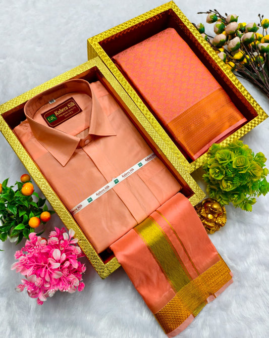Semi Silk Saree & Semi Silk Dhoti Set - Couple Combo