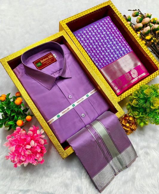 Semi Silk Saree & Semi Silk Dhoti Set - Couple Combo