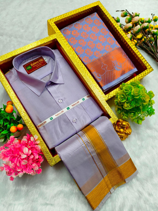 Semi Silk Saree & Semi Silk Dhoti Set - Couple Combo