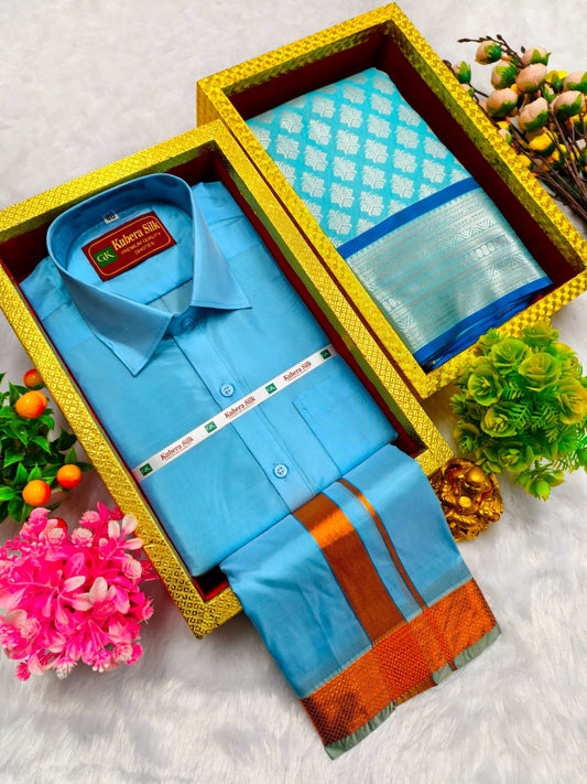 Semi Silk Saree & Semi Silk Dhoti Set - Couple Combo