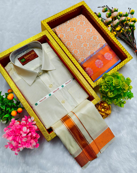 Semi Silk Saree & Semi Silk Dhoti Set - Couple Combo