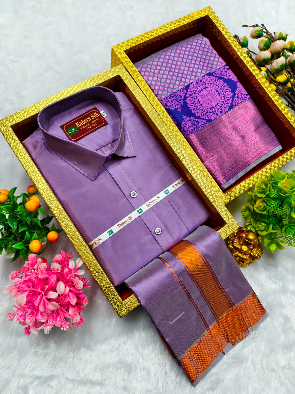 Semi Silk Saree & Semi Silk Dhoti Set - Couple Combo