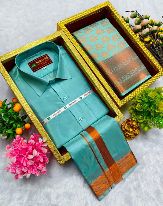 Semi Silk Saree & Semi Silk Dhoti Set - Couple Combo