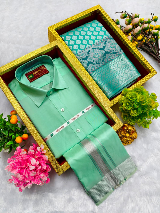 Semi Silk Saree & Semi Silk Dhoti Set - Couple Combo
