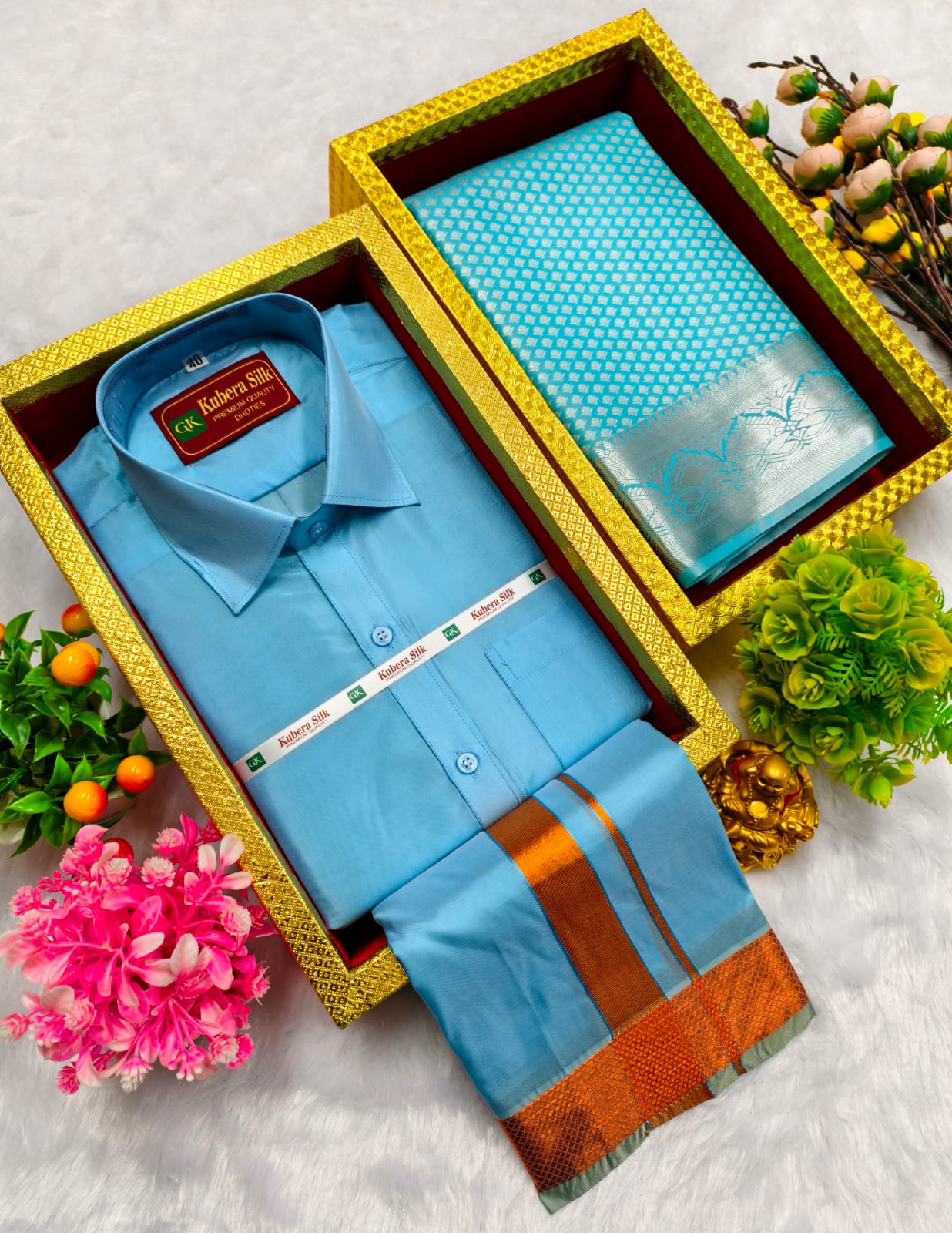 Semi Silk Saree & Semi Silk Dhoti Set - Couple Combo