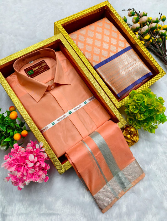 Semi Silk Saree & Semi Silk Dhoti Set - Couple Combo