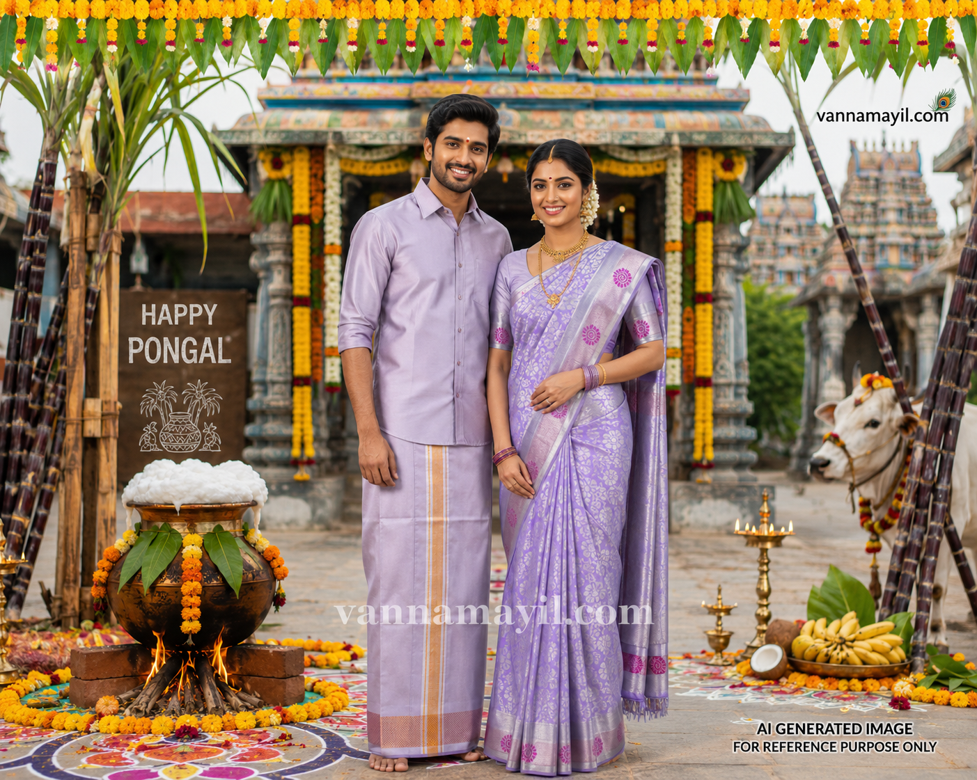 Semi Silk Saree & Semi Silk Dhoti Set - Couple Combo