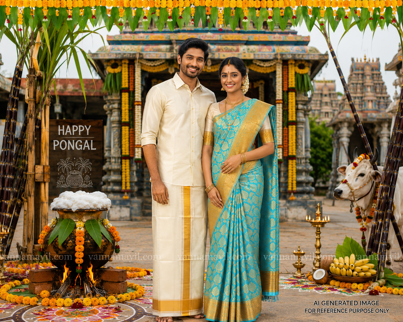 Semi Silk Saree & Semi Silk Dhoti Set - Couple Combo