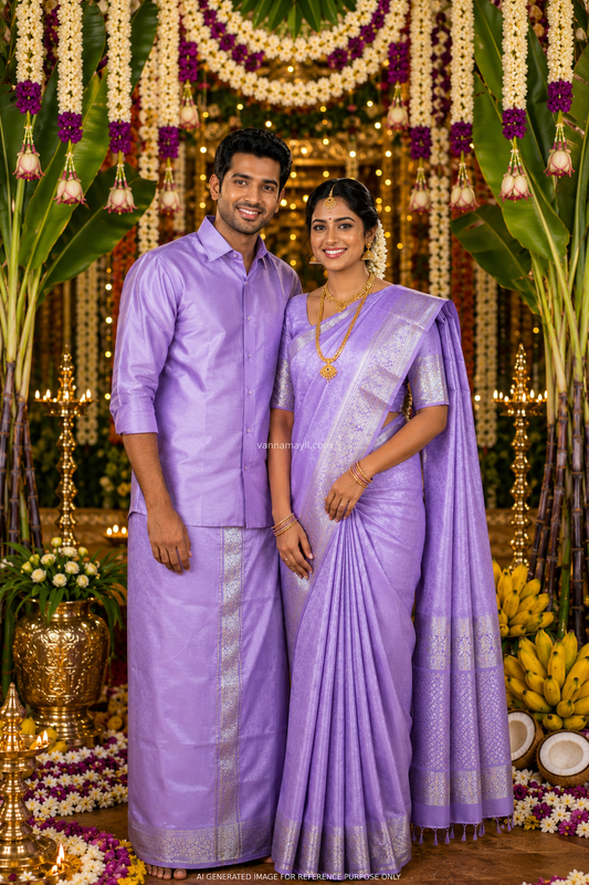 Semi Silk Saree & Semi Silk Dhoti Set - Couple Combo