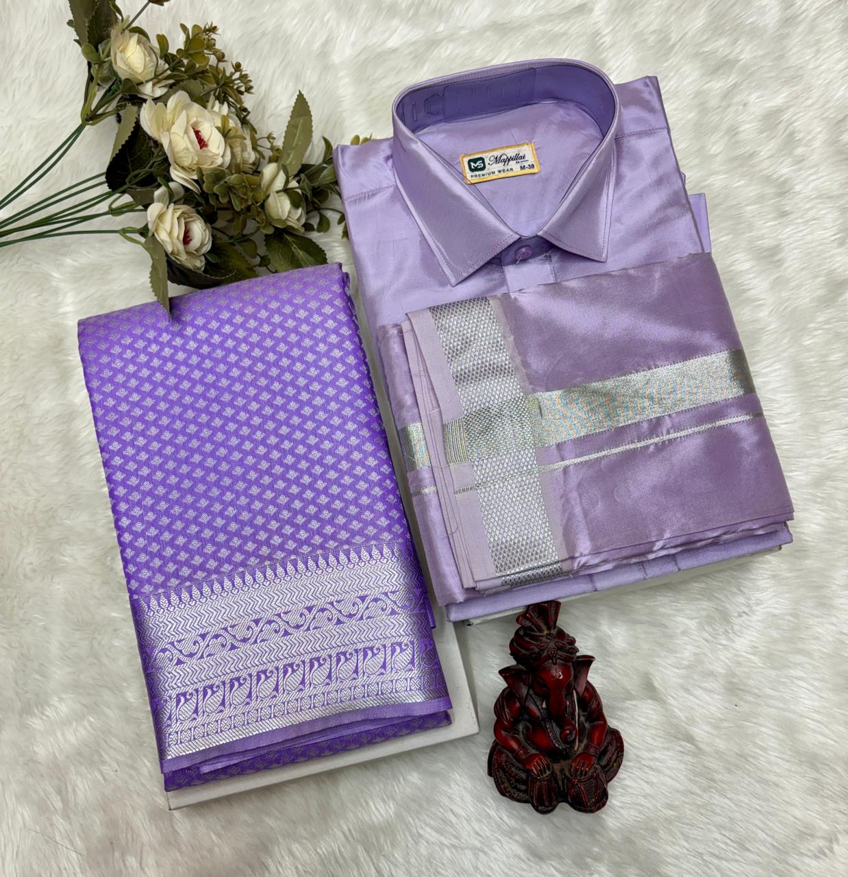 Semi Silk Saree & Semi Silk Dhoti Set - Couple Combo