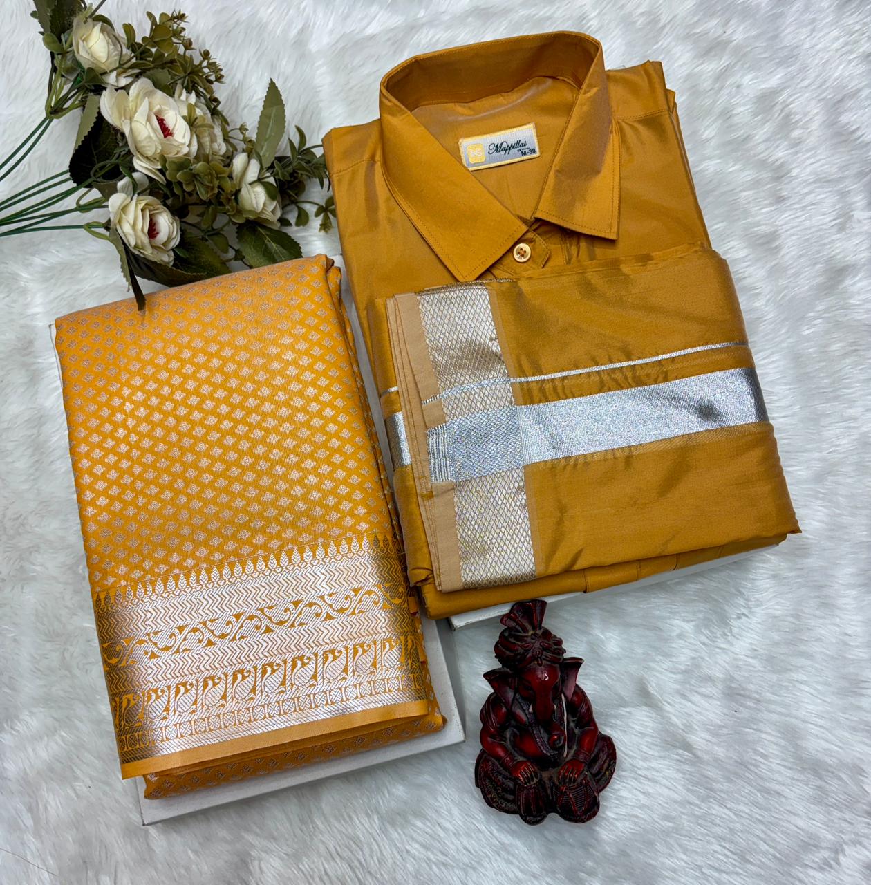 Semi Silk Saree & Semi Silk Dhoti Set - Couple Combo