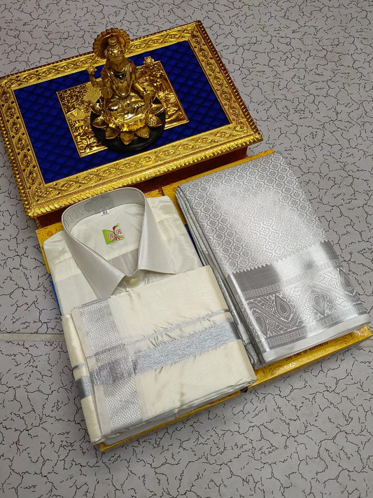 Semi Silk Couple Saree and Dhoti Combo Set