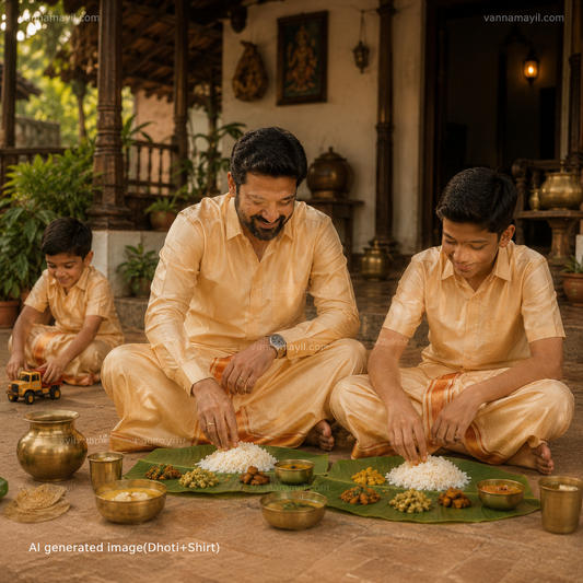 Golden Grace Semi Silk Dhoti Shirt Combo for Dad & Boy