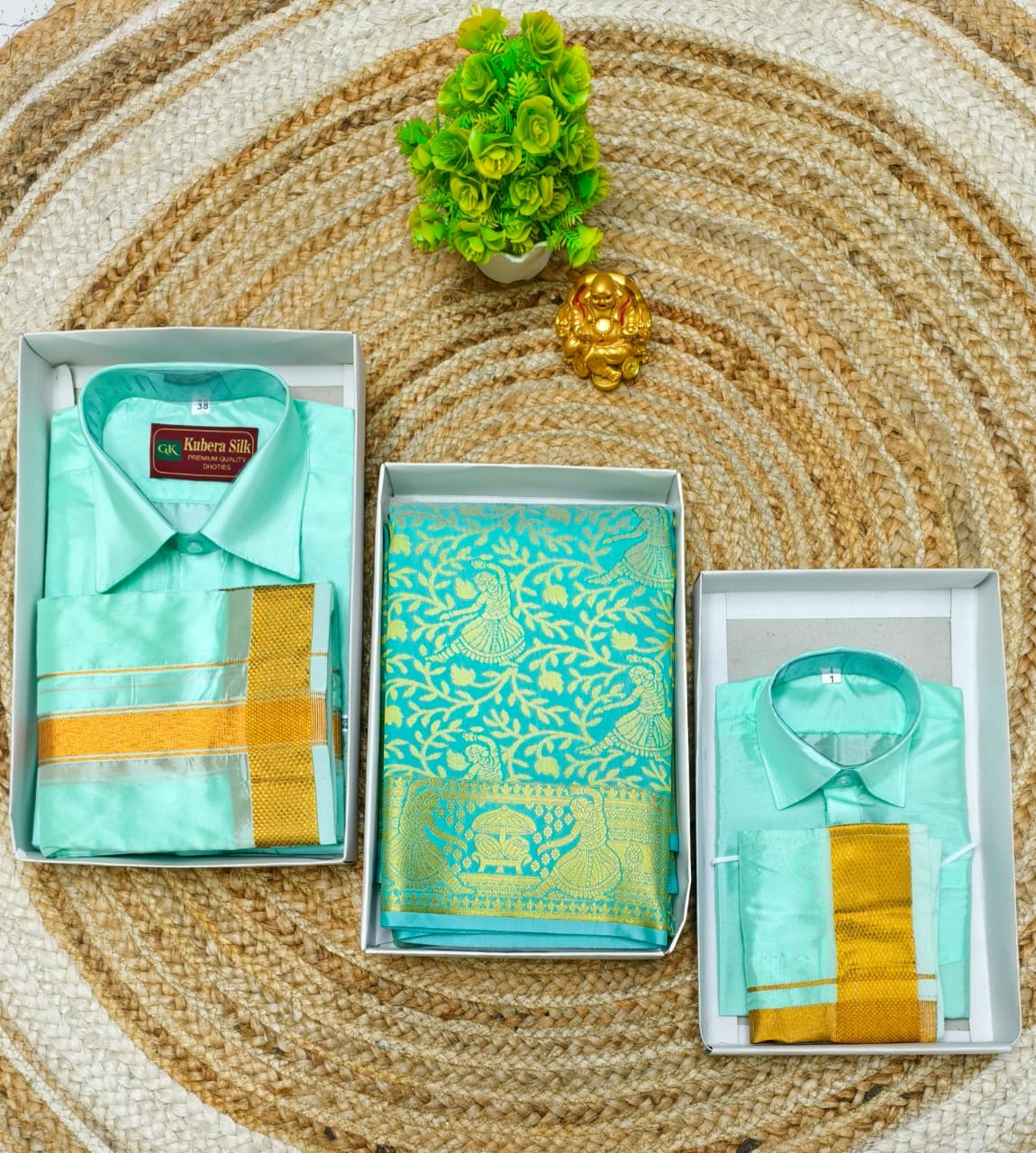 Semi Silk Family Combo Saree with Father & Son Dhoti Shirt Set