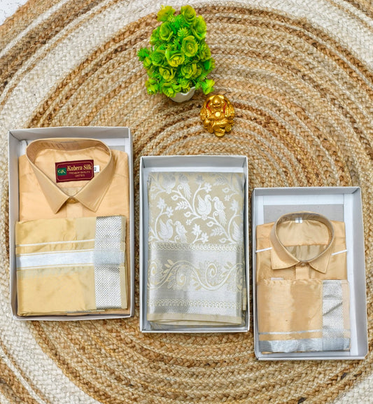 Semi Silk Saree and Father Son Combo Set