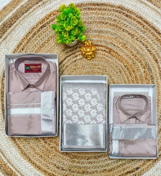 Brocade Semi Silk Saree with Father and Kid Combo Set