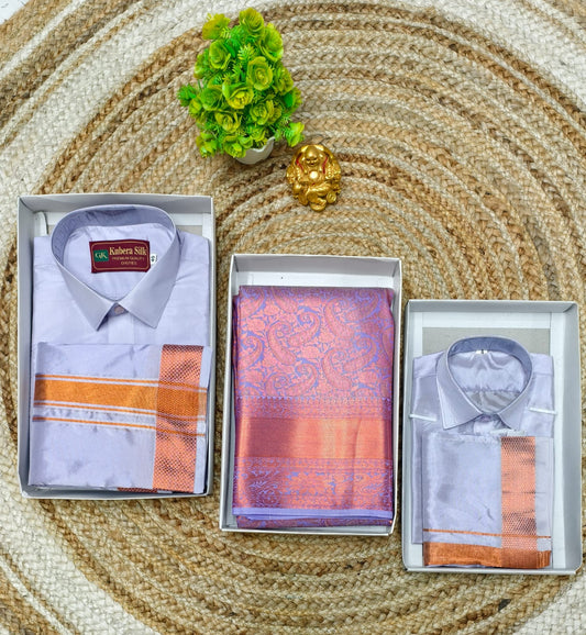 Full Zari Work Semi Silk Saree with Father Son Combo