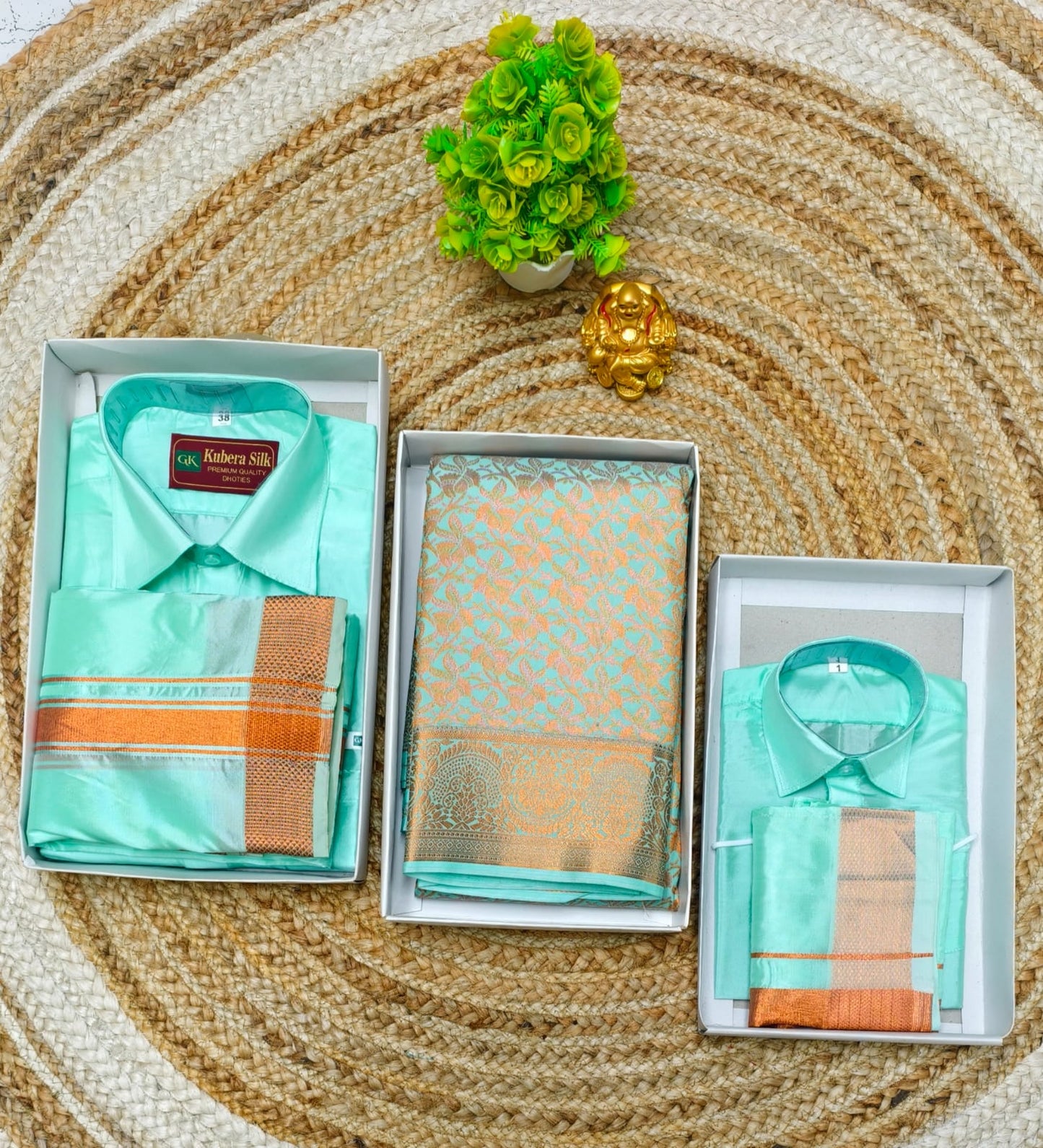 Festive Semi Silk Family Combo with Dhoti Shirt Set
