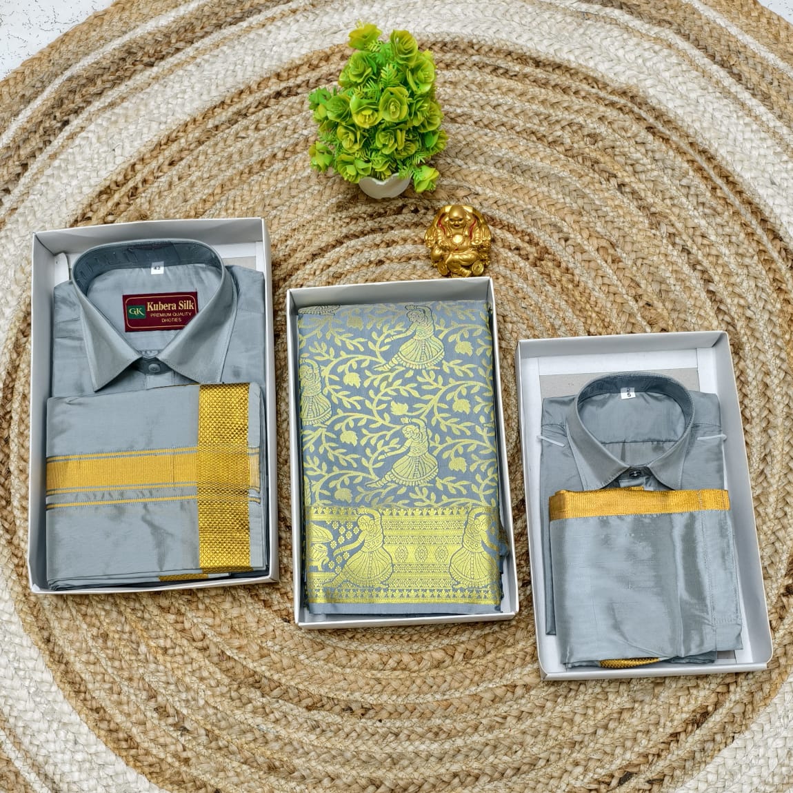 Father Son Matching Dhoti Shirt with Semi Silk Saree