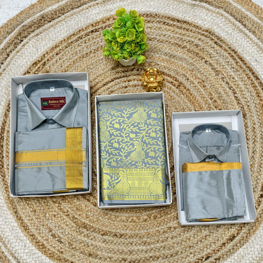 Father Son Matching Dhoti Shirt with Semi Silk Saree