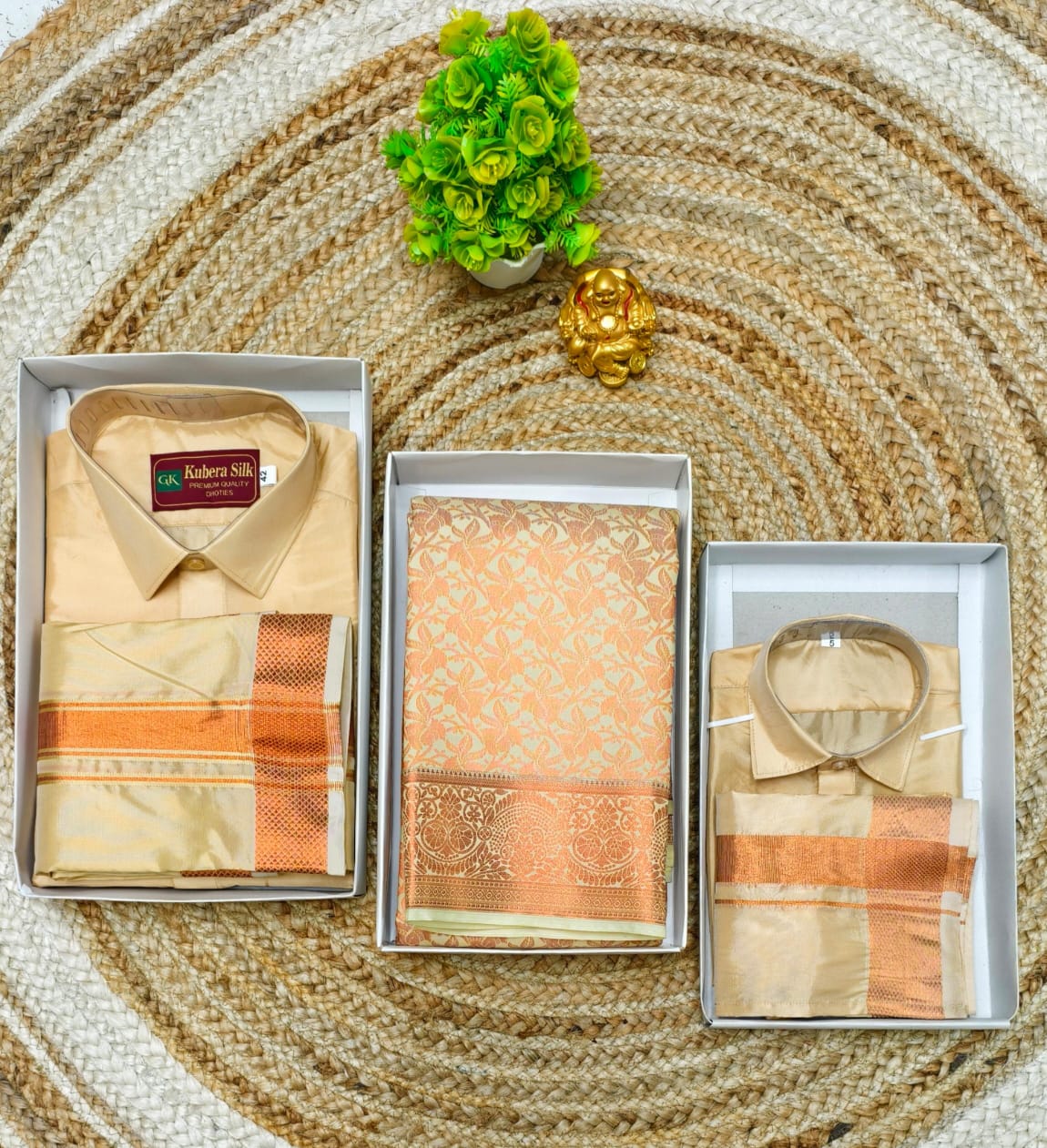 Stylish Family Combo Semi Silk Saree and Dhoti Shirt