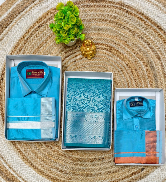Semi Silk Family Set with Saree and Dhoti Shirt