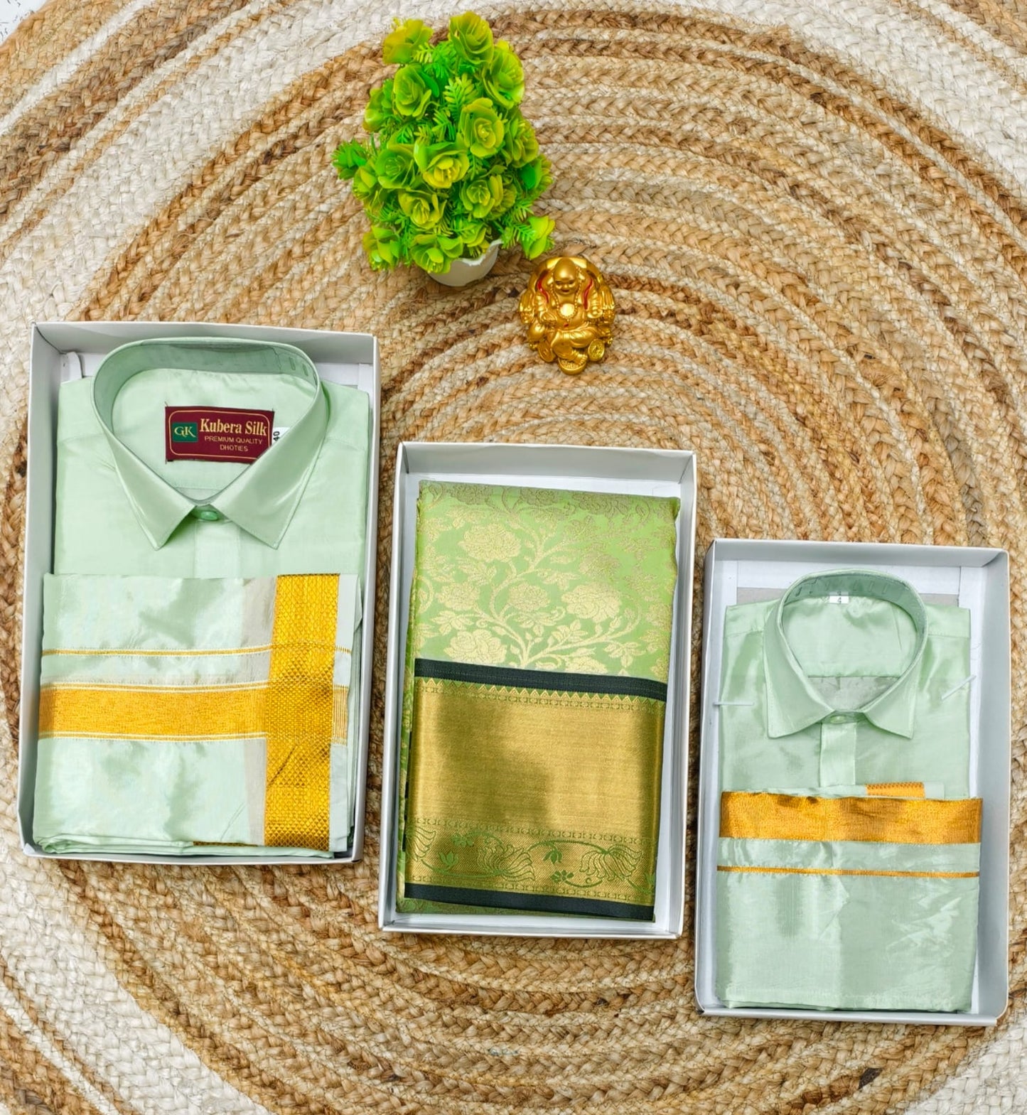 Family Matching Semi Silk Saree and Father Son Dhoti Shirt Combo