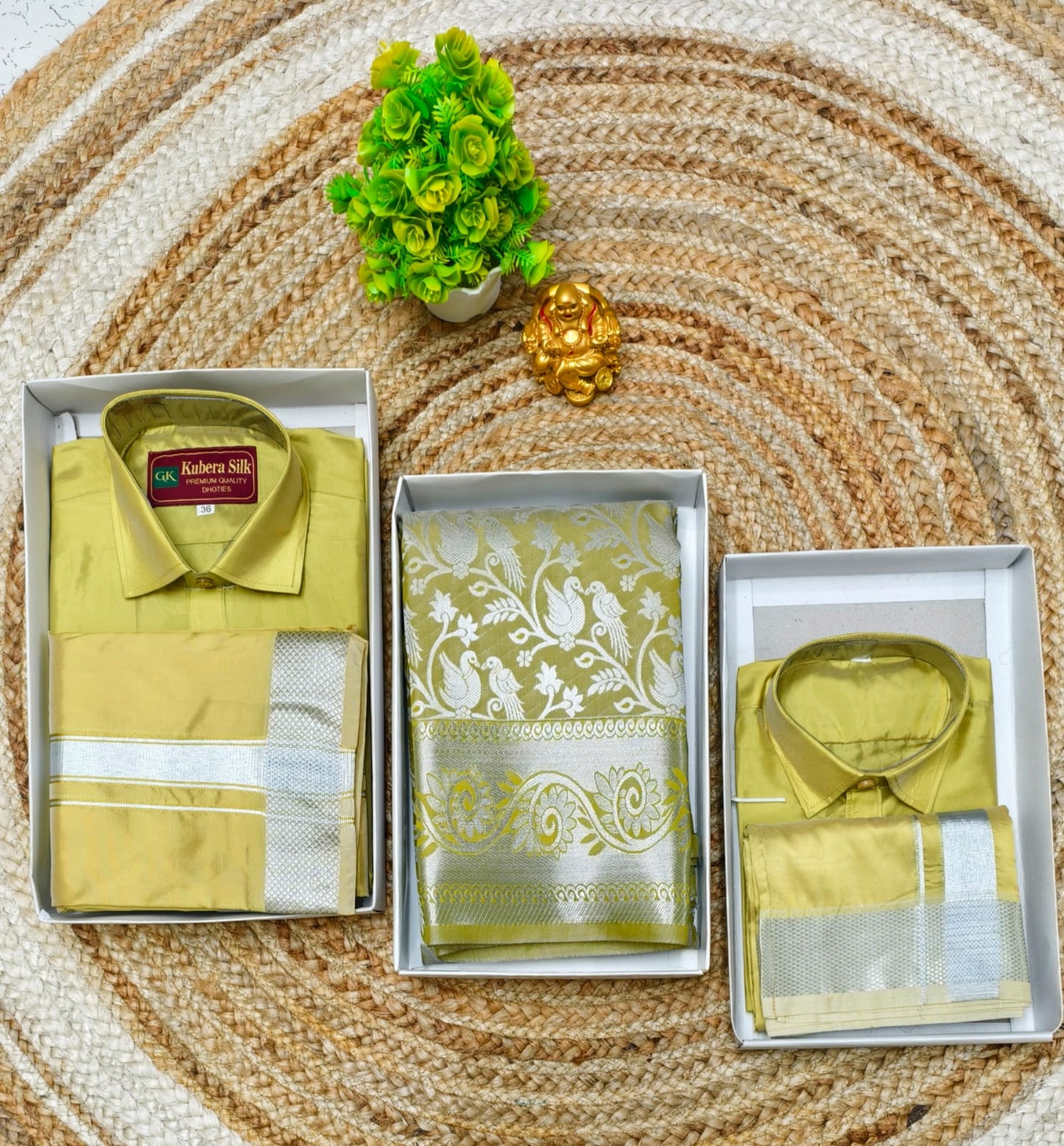 Traditional Zari Semi Silk Saree Family Combo Wear