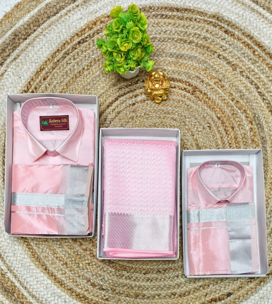 Semi Silk Saree with Father & Son Traditional Combo Set