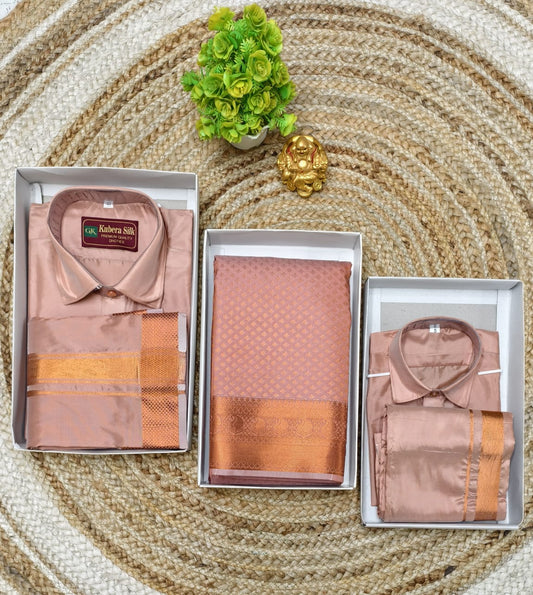 Elegant Family Combo Semi Silk Saree with Dhoti Shirt Pair