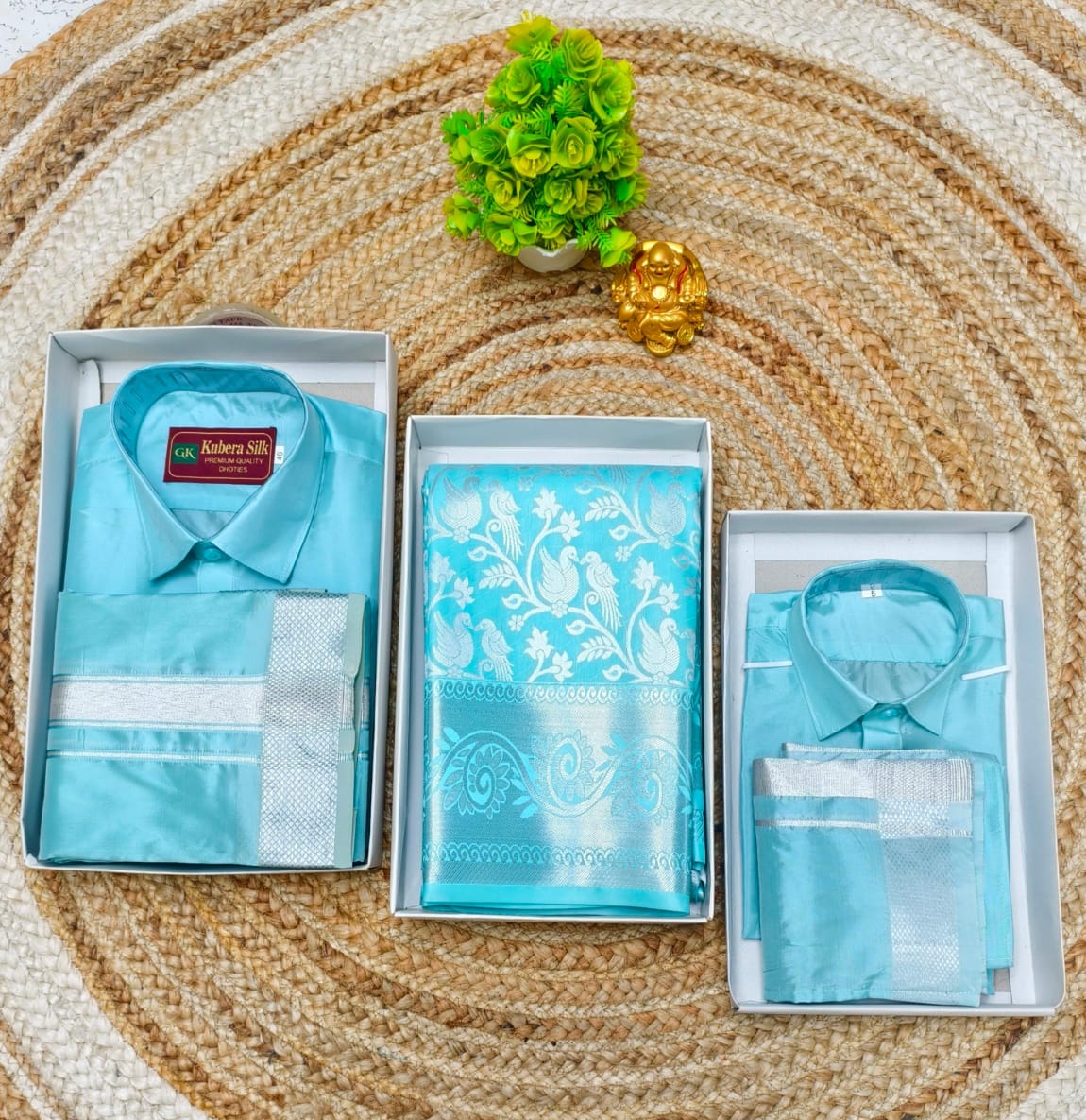 Vannamayil Family Combo Semi Silk Saree with Father Son Set