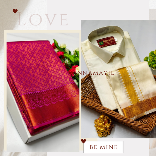 Semi Silk Saree & Semi Silk Dhoti Set - Couple Combo